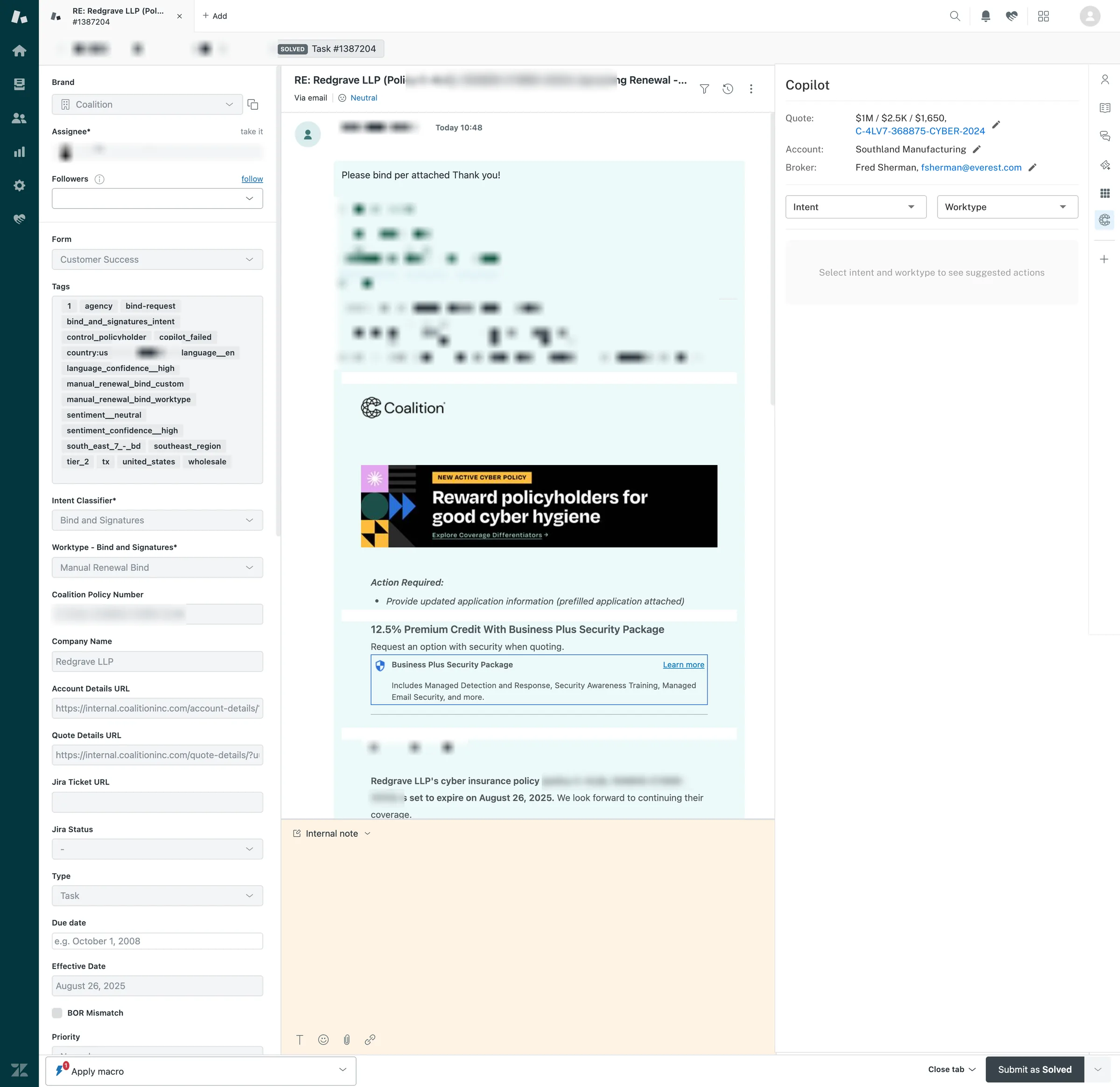 The Copilot panel inside the full Zendesk agent window