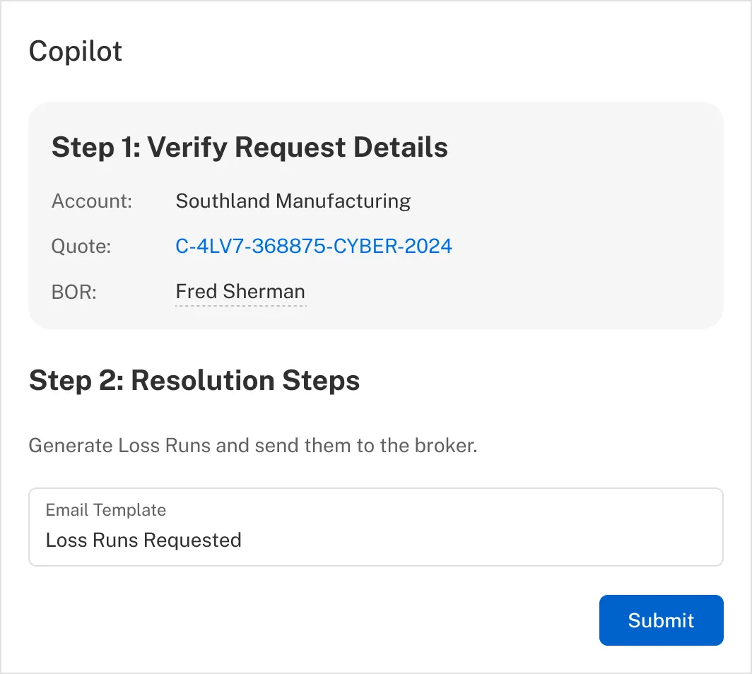 Copilot panel at rest, the extracted broker of record value carrying a dotted underline