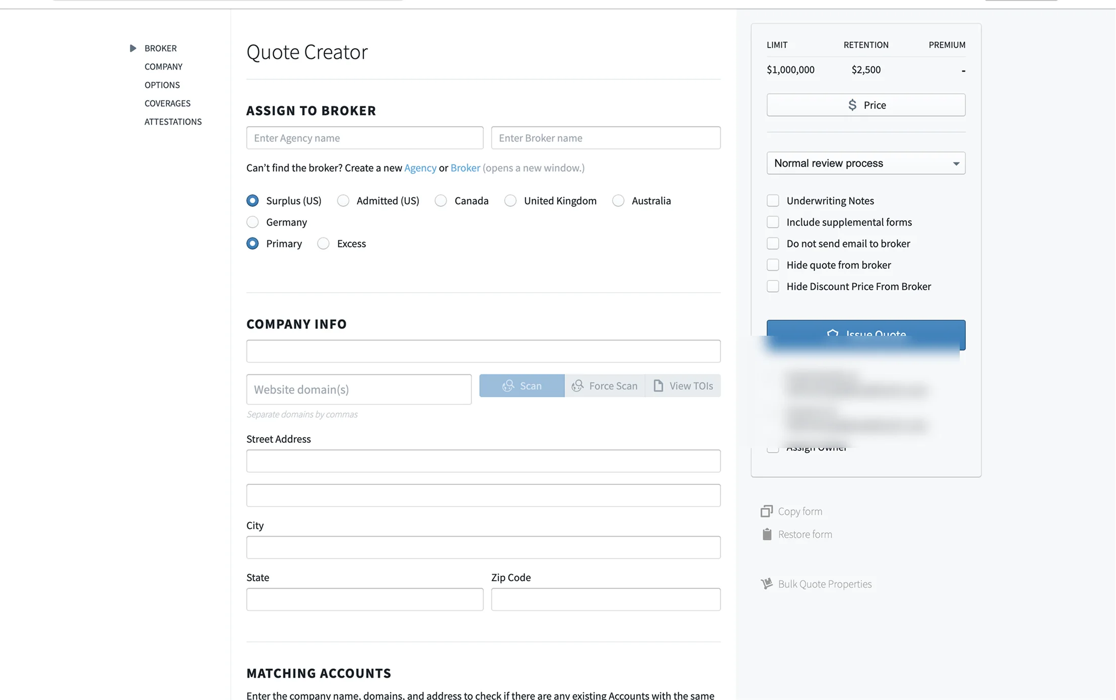 The legacy Quote Creator. Market selection sits as a row of radio buttons at the top, company information below it, and matching accounts further down the same page, with a fixed pricing rail on the right.