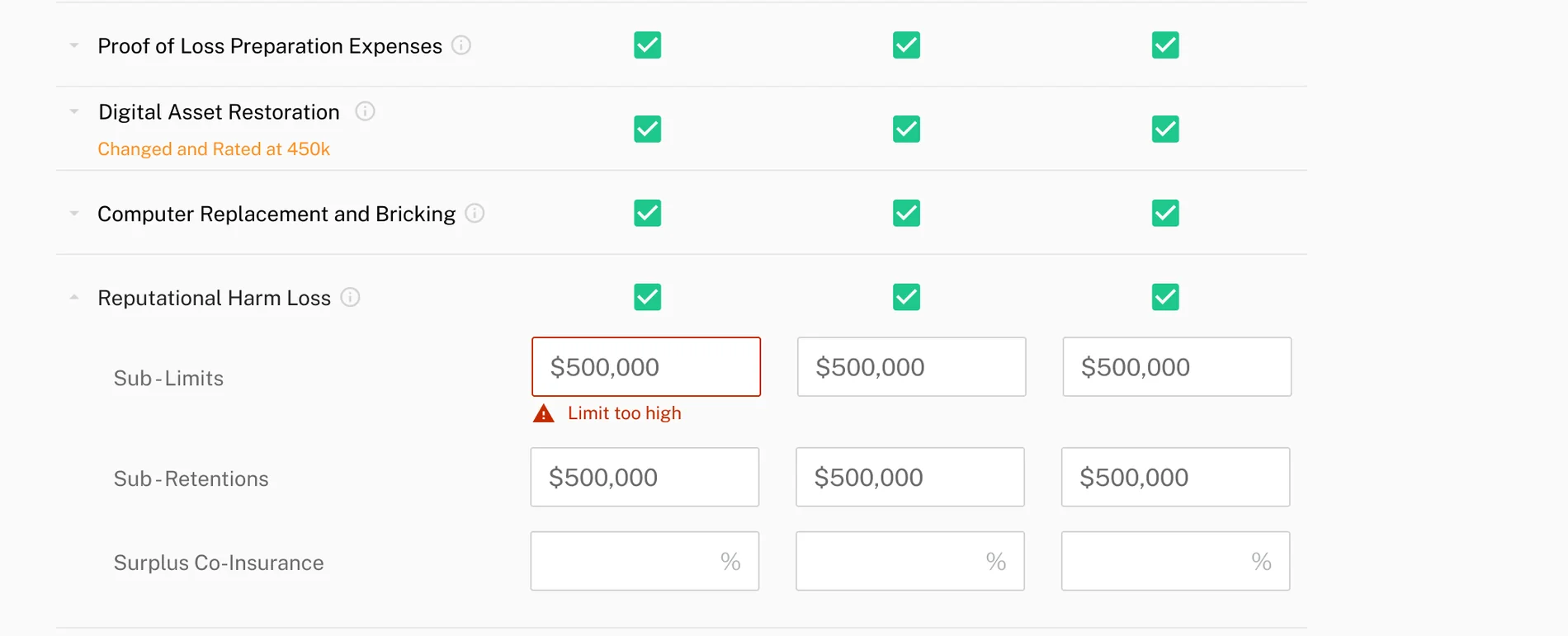 A sub-limits row in the coverages table. The first amount field is outlined in red with an inline message reading Limit too high, directly beneath the field rather than at the top of the page.