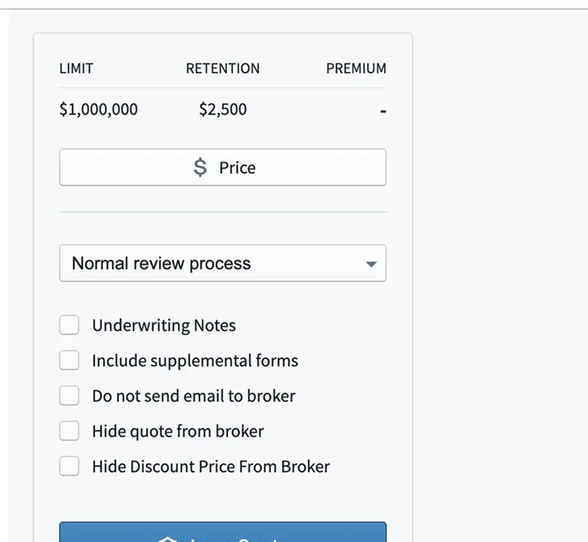 The legacy pricing module. Limit reads one million dollars and retention two thousand five hundred, both defaults, premium is a dash, and a Price button and a live Issue Quote button sit below a review process dropdown and five checkboxes.
