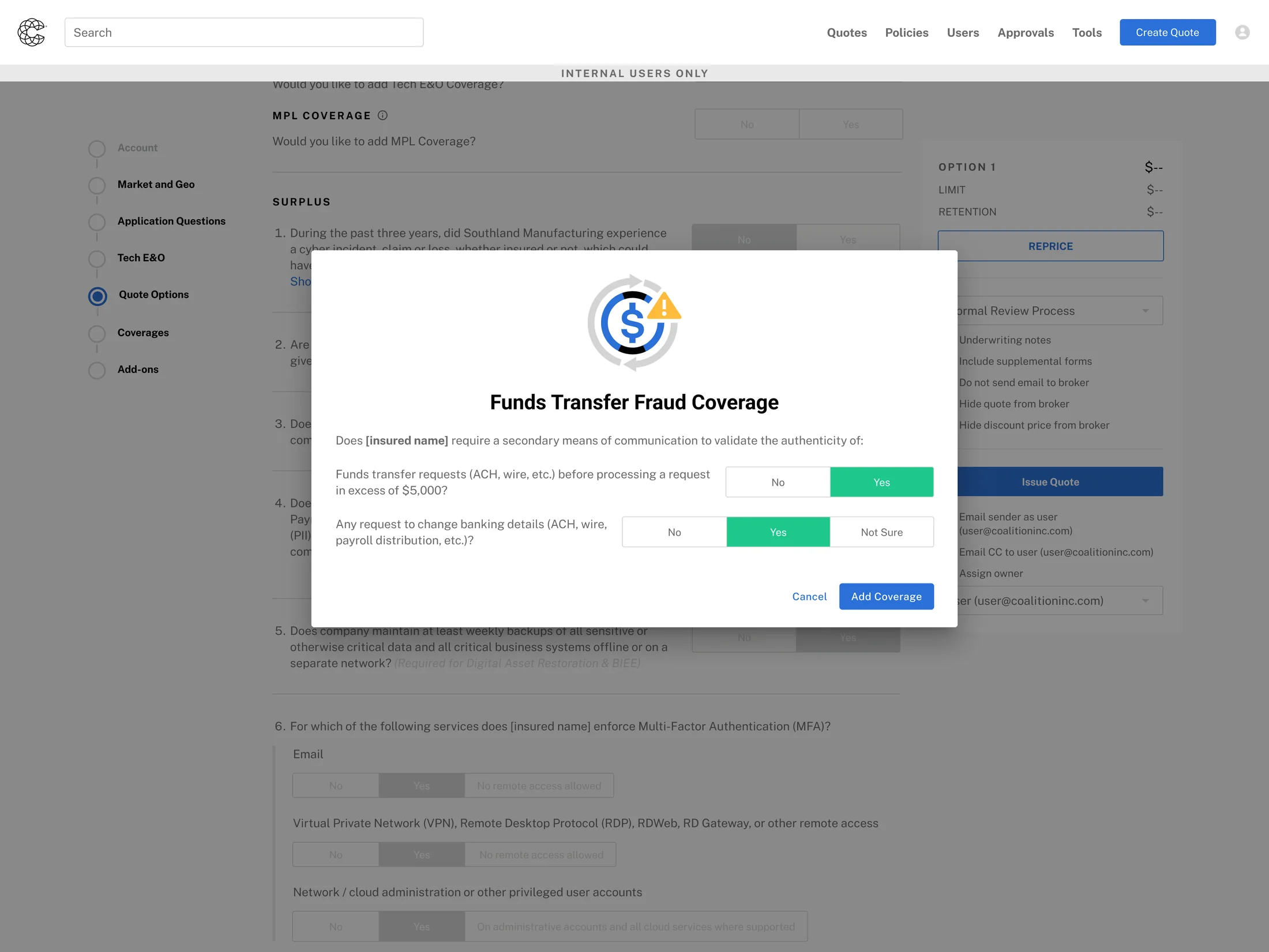 A modal titled Funds Transfer Fraud Coverage over the dimmed quote screen. It asks two attestation questions with Yes, No and Not Sure answers, and offers Cancel or Add Coverage.
